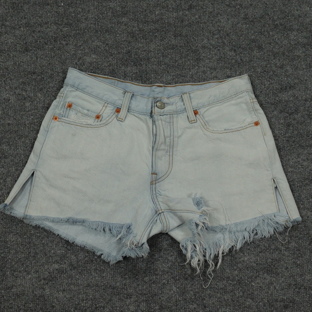 Levi's 501 Shorts Women W27 Light Wash Distressed Raw Hem Side Slit Button‎ Fly